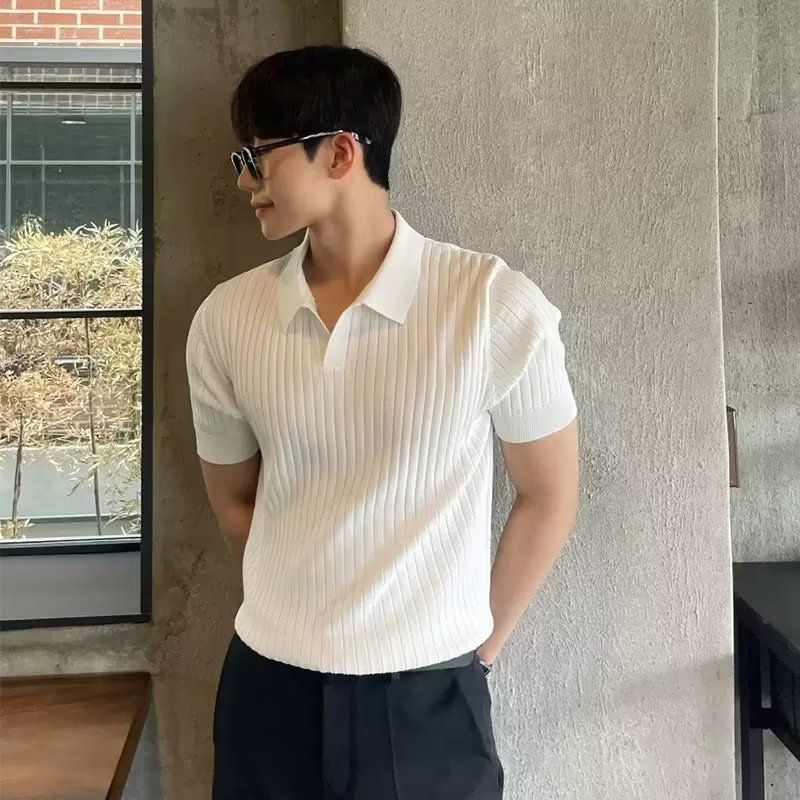 Z01-1 Men's Solid Knitted POLO Shirt Short Sleeve Top Stripe Texture