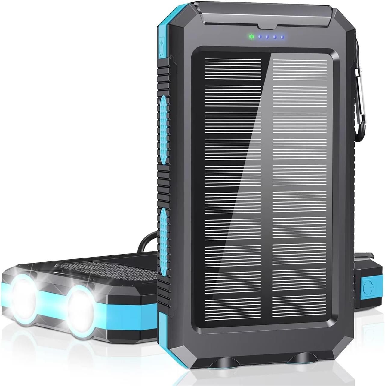 Solar Charger Power Bank - 20000mAh Type-C 5V3.1A Fast Charging Power Bank. Equipped with a Powerful Flashlight, Compass, IP65 Outdoor Waterproof Portable Power Bank (Blue)