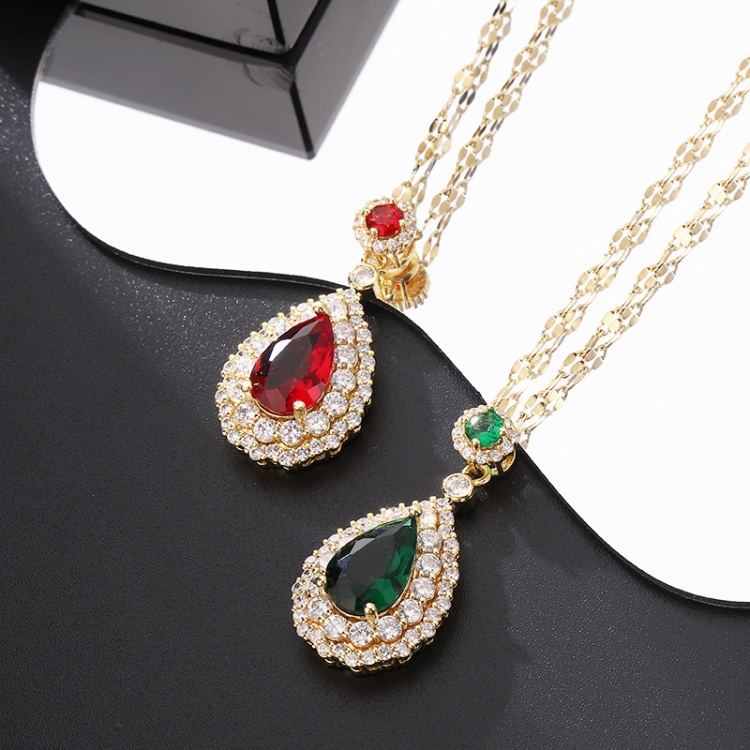 Necklace female jewelry Europe and America New Emerald green Ruby Pendant necklace No fading Titanium steel Diamond inlay Clavicular chain CRRSHOP women Water droplets chain Birthday gift jewelry present Water Droplet Ruby Grandmother Emerald