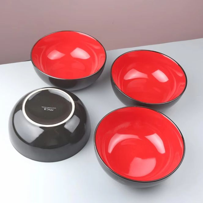 7 Inch Red Inside Black Outside Design Ceramic Soup Bowl, Two Color Rice Bowl, Ceramic Black Ceramic Bowl