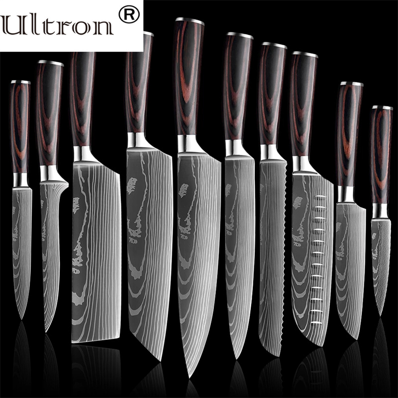Ultron Chef knife 1-10 Pcs Set Kitchen Knives Laser Damascus Pattern Sharp Japanese Santoku Knife Cleaver Slicing Utility Knife