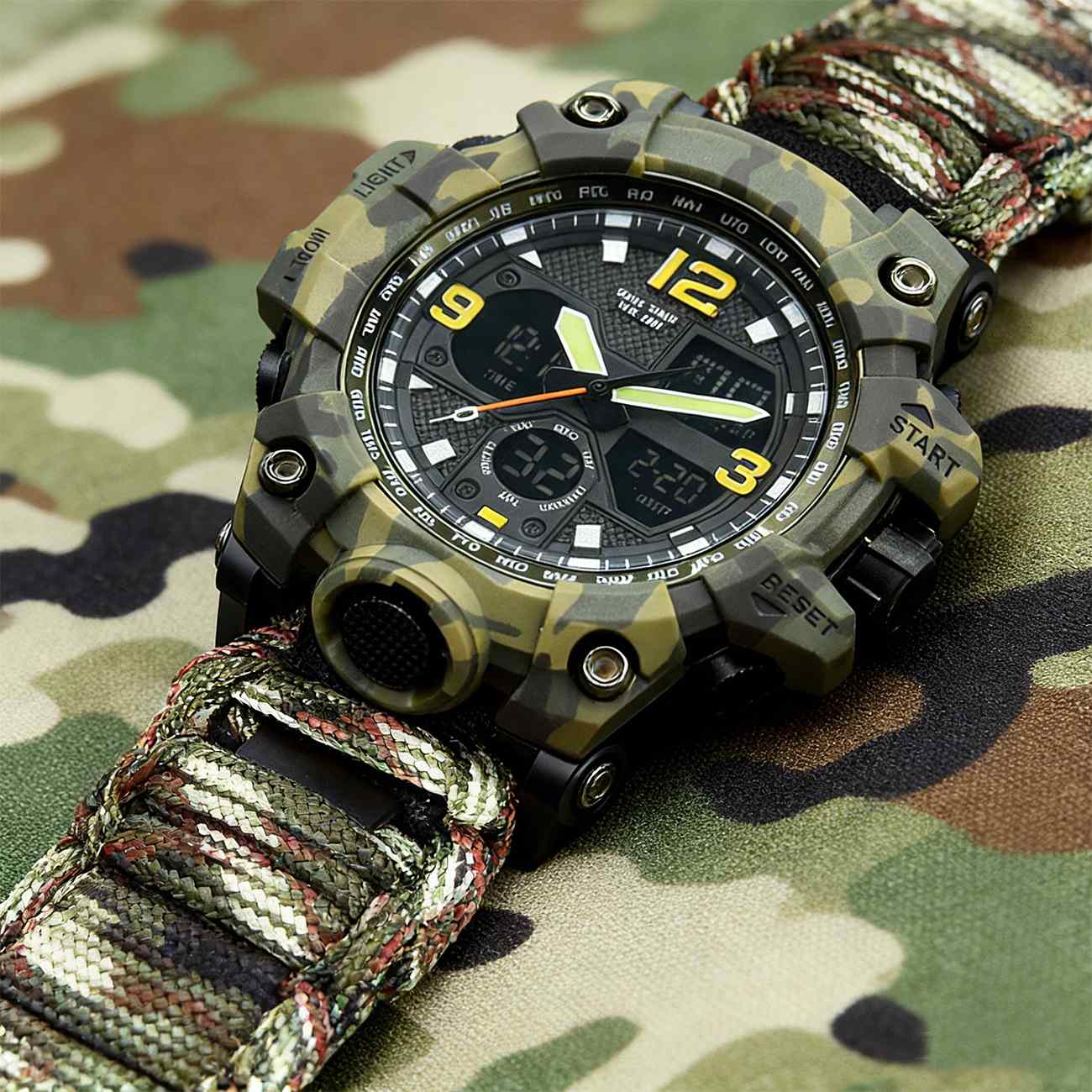 Men Camouflage Electronic Sports Watch, Oversized Dial Dual‑Display Design, Multi‑Function Water Resistant Wrist Watch for Outdoor Hiking Climbing Daily Sports Activities