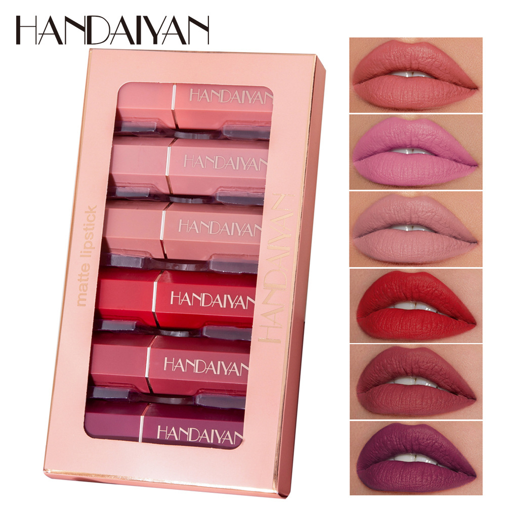 H1001Kit HANDIAYAN Nude Velvet Lipstick Kit 6 Colors/box Lips Makeup Cosmetics Cream Matte Lip Stick Set Waterproof Silky Lip Balm Pencil