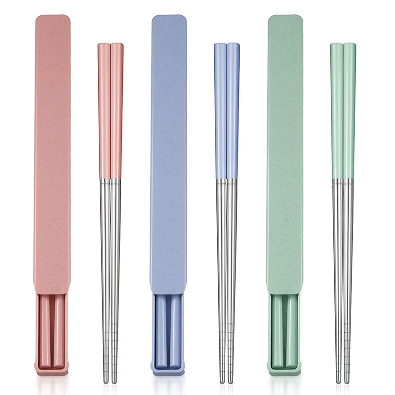 3 Pairs Portable Chopsticks with Case Stainless Steel Chopsticks and Wheat Straw Handle Reusable Portable Utensil for School Home Office Camp Travel Bento Box