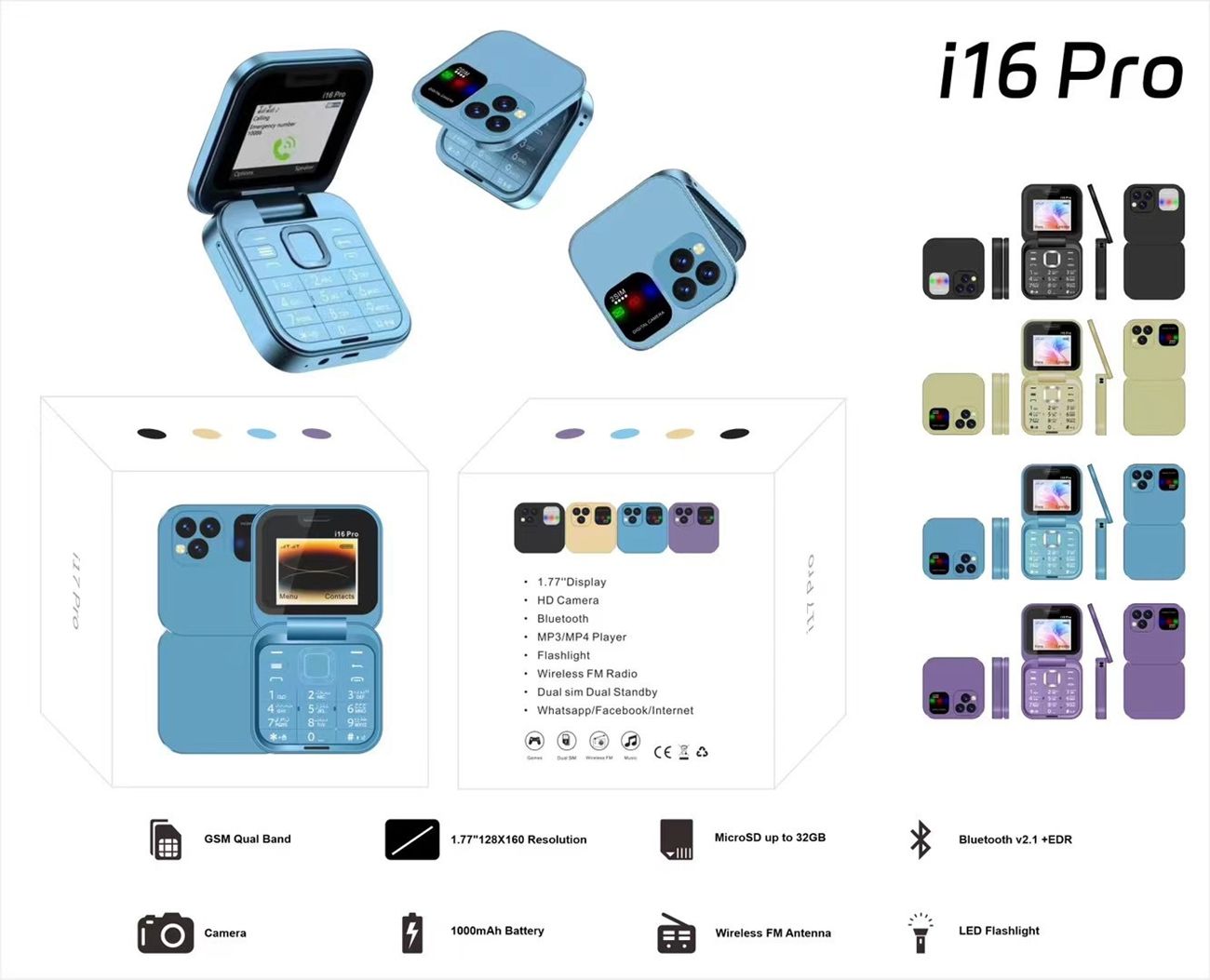 New i16 pro dual SIM non-smartphone flip phone keypad elderly student small phone