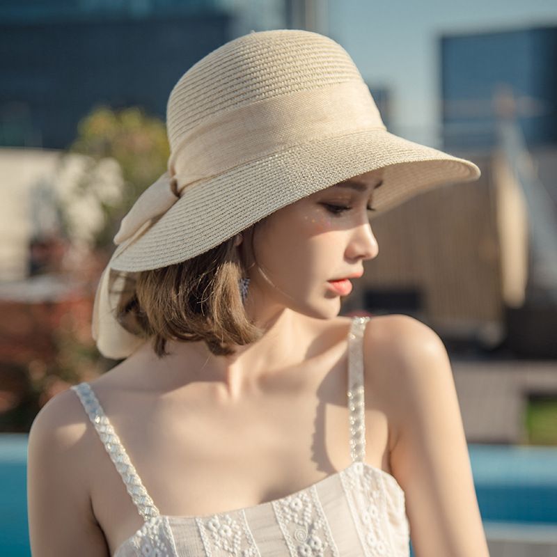 Women's Summer Straw Sun Hat with Linen Bow, UPF 50+ Wide Brim Beach Hat, Foldable Breathable Vacation Hat for Travel