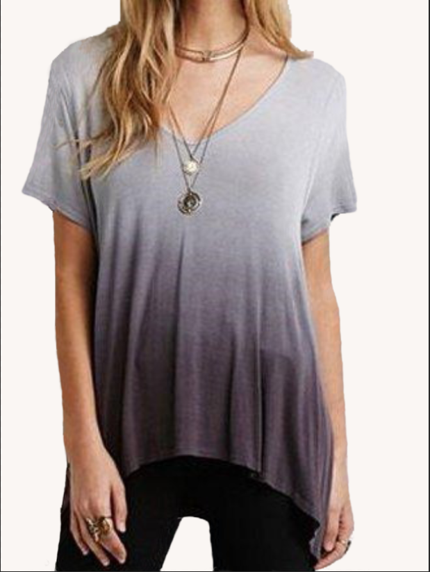 Women's Loose Cut Casual V-Neck Short Sleeve T-Shirt Dye Top