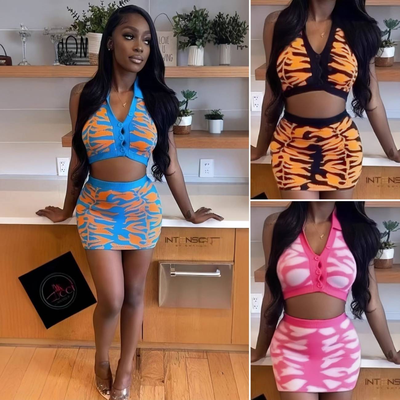 Summer Women Leopard Print Knitted Two Piece Outfit, Sexy V Neck Halter Backless Crop Top, High Waist Slim Fit Bodycon Mini Skirt, Fashion Party Club Short Skirt Set for Ladies
