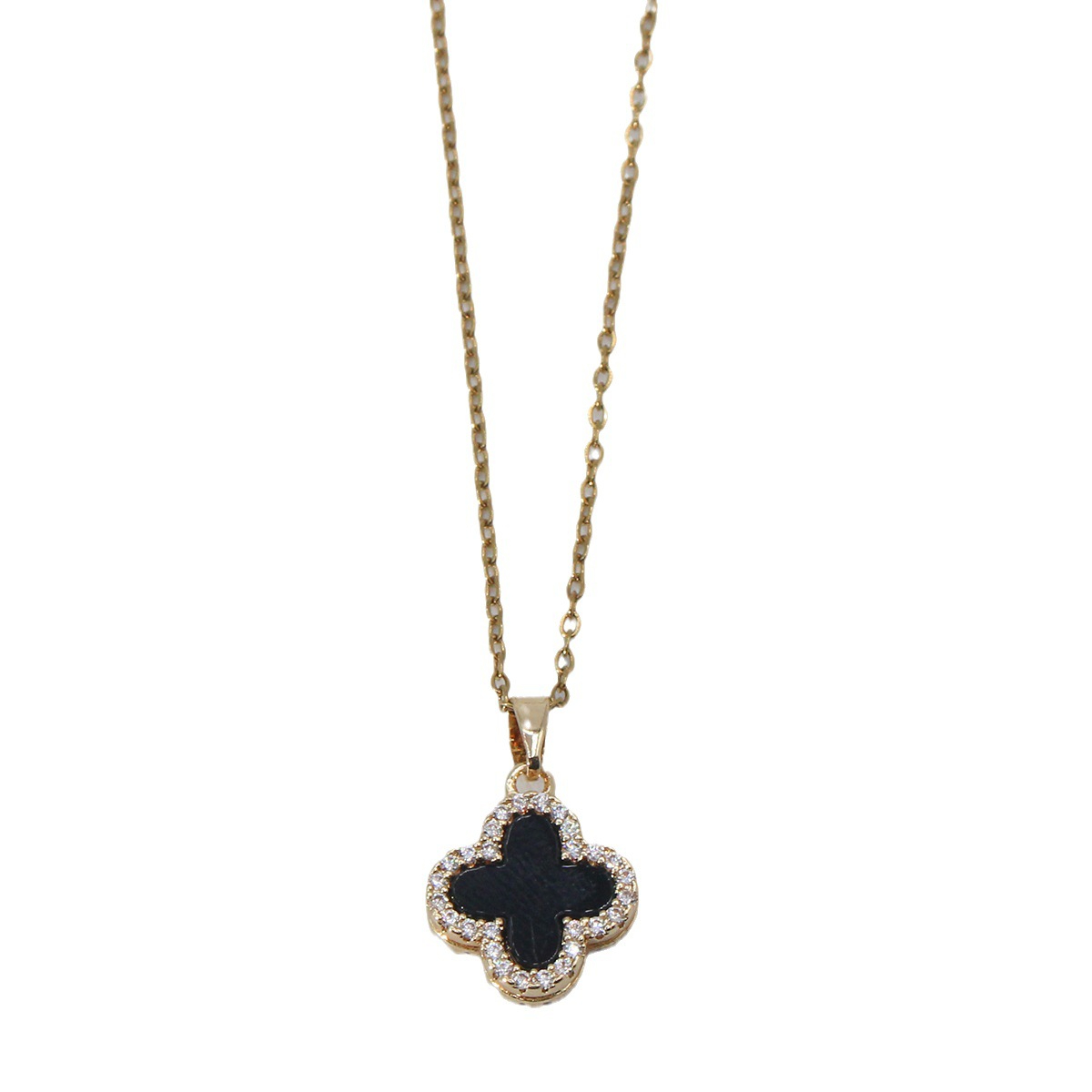 2 Side Crystal Clover Necklace for Women 18K Gold Plated Stainless Steel Four Leaf Lucky Pendant Black & White Cubic Zirconia Jewelry for Mother and Daughter