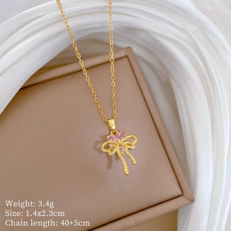 Elegant Bow Pendant Necklace for Women, Stainless Steel Adjustable Chain, Gold‑Plated Hollow Bow Design With Sparkling Pink Micro‑Paved Zircon, Luxury Sweet Fashion Clavicle Chain, Delicate Jewelry Gift for Daily Dating Party Banquet Occasions