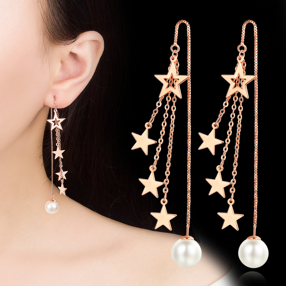 W74 Ladies Temperament Simple Fringed Five-pointed Star Earrings