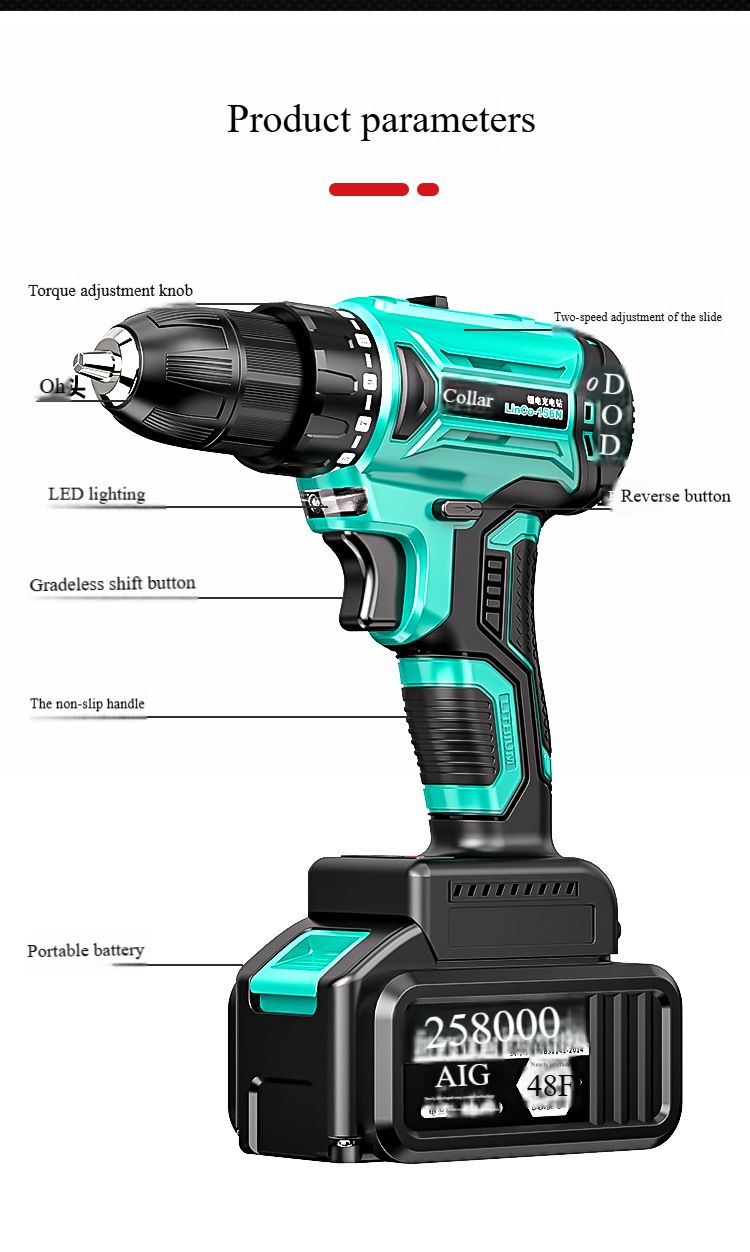 Brushless hand drill impact drill rechargeable dual speed lithium battery to 48V pistol drill power tool screwdriver
