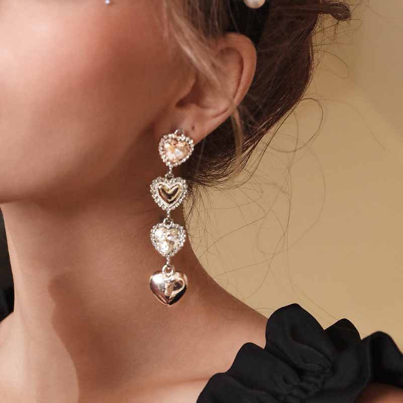 20483-8 Shiny Gemstone Heart Stud Earrings Vintage Long Link Tassel Crystal Earrings Fashion Silver Jewelry