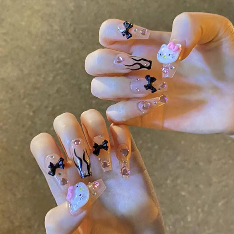 JP1324 24 Pcs Glossy Press on Nails, Medium Coffin Y2K Hot Girl Flame Heart Kitty Rhinestones Decals Fake Nails, Acrylics Full Cover False Nails for Women and Girls