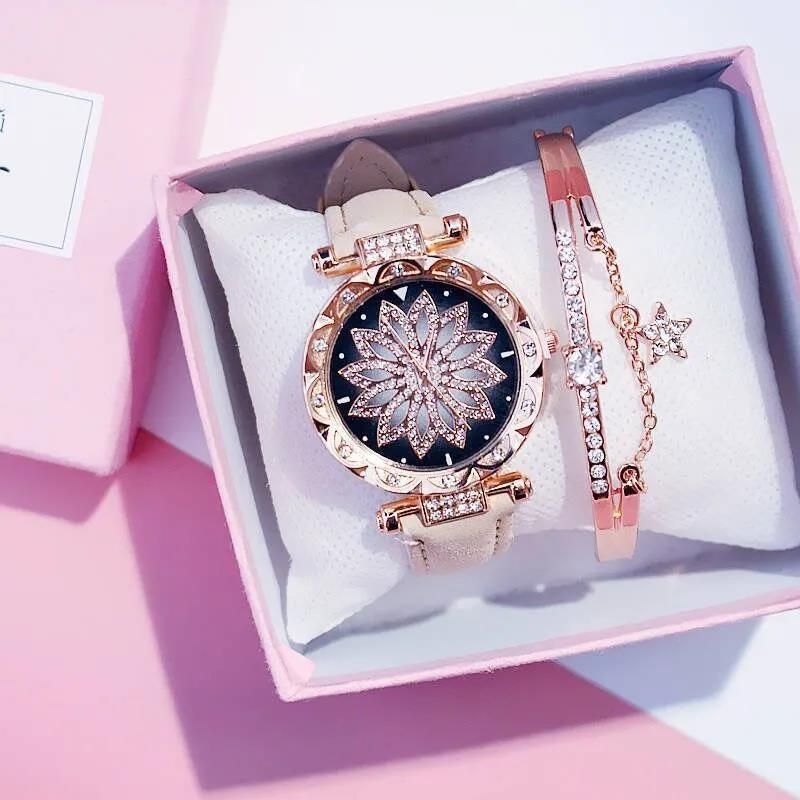 Luxury Diamond Women's Watch Crystal Watch Bracelet Set Women's Jewelry Casual Starry Sky Rose Gold Watch