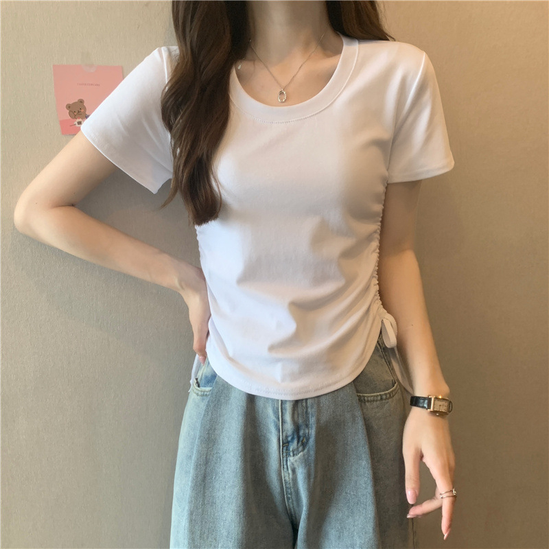 420 Women's Loose Crewneck Drawstring Slim Short Sleeve T-shirt