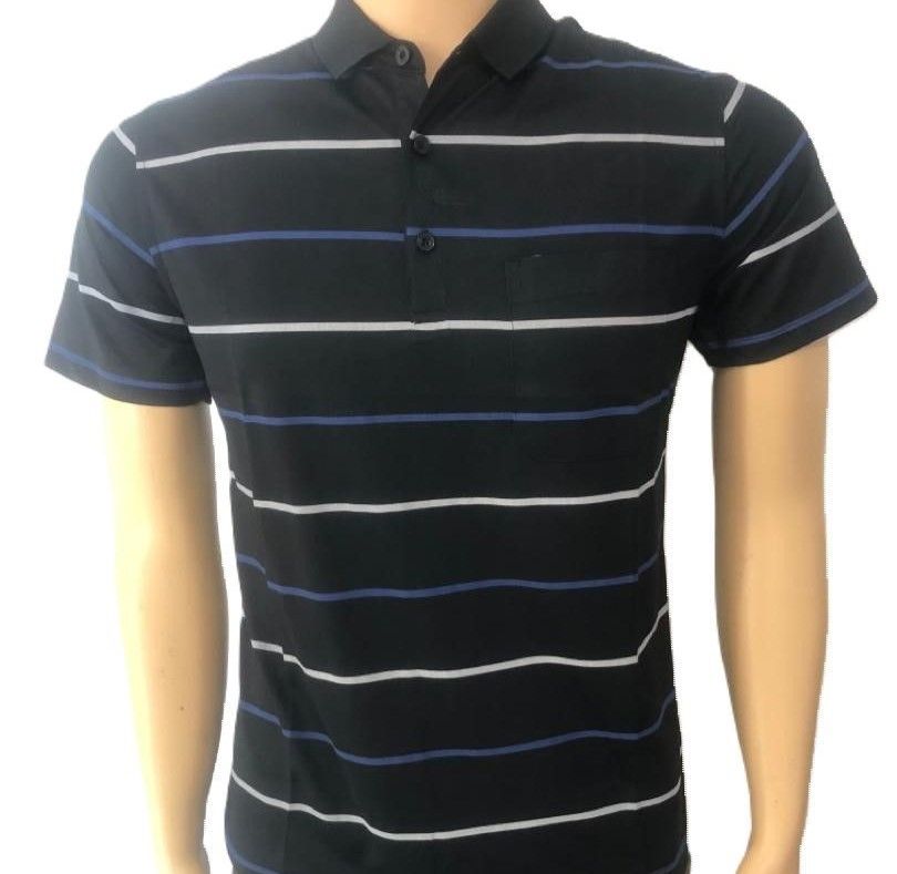 Men Striped Polo Shirts short Sleeve Business Lapel Shirt Tops Button Fly Casual Pullover