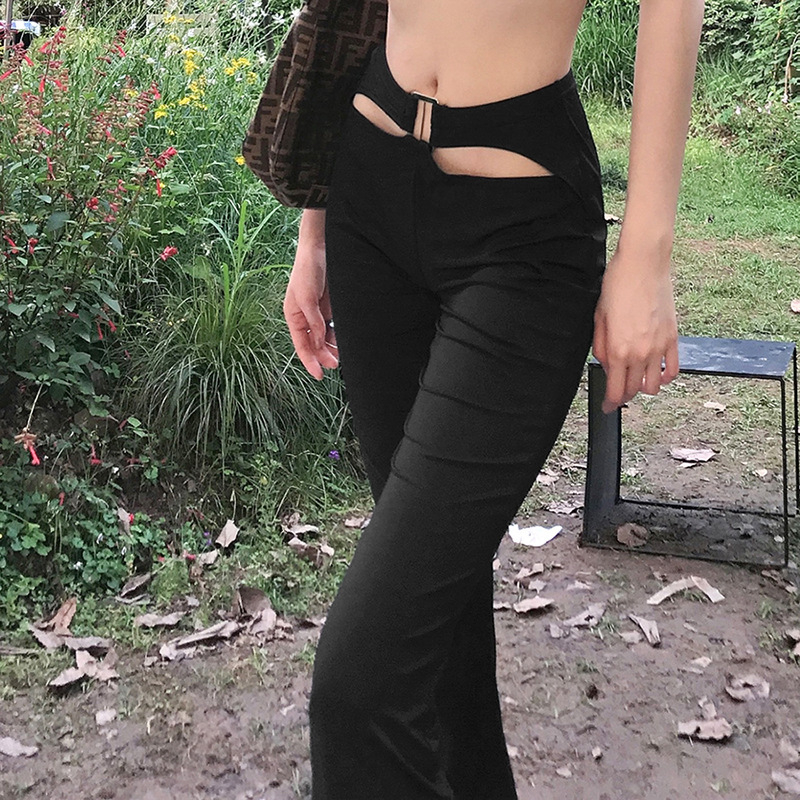 30 Women's Slim Fashion Sexy Cutout Design Sense High Waist Black Micro-flared Pant