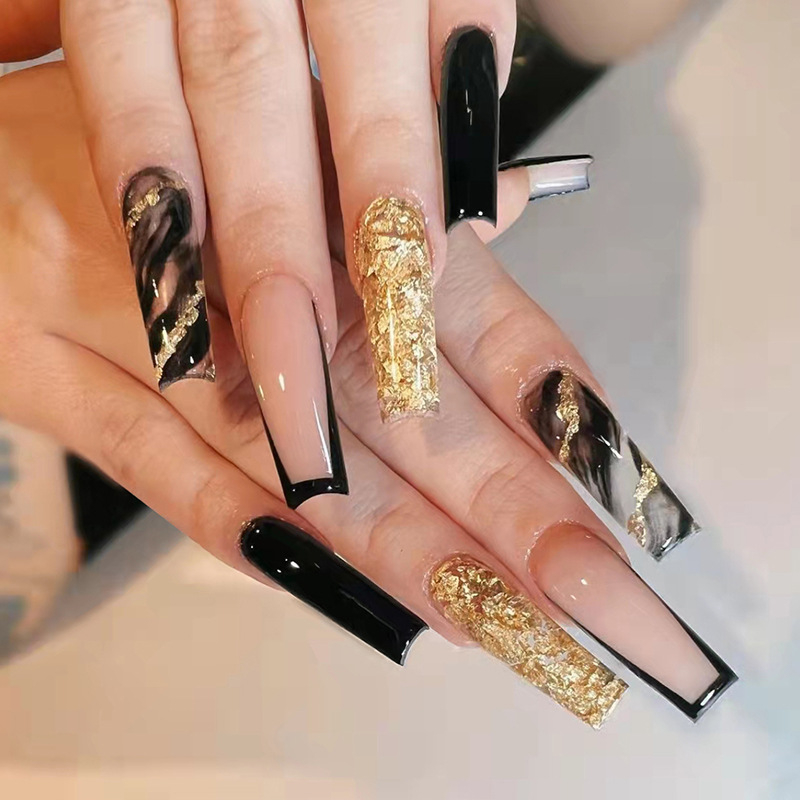 W080 24 Pcs Glossy Press on Nails, Super Long Coffin French Gold Glitter Pattern Fake Nails, Full Cover Artificial False Nails for Women and Girls
