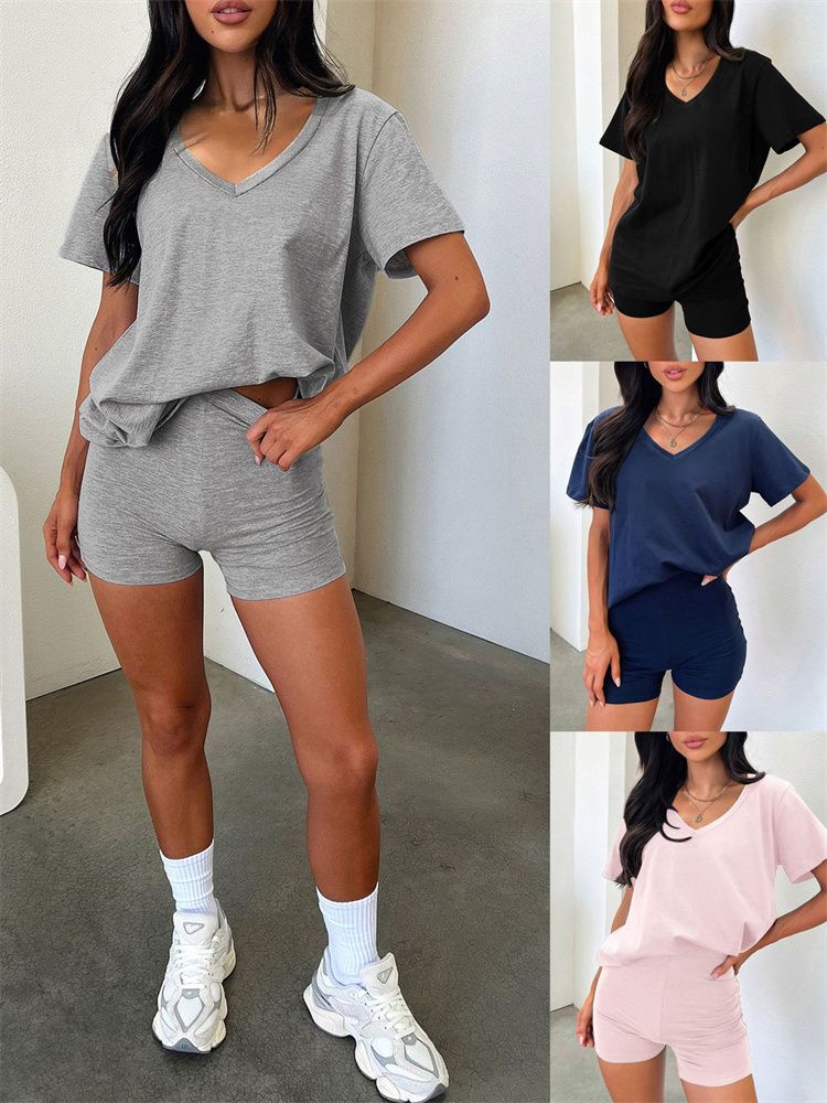 2025 short-sleeved spring and summer new V-neck casual temperament solid color fashion suit women