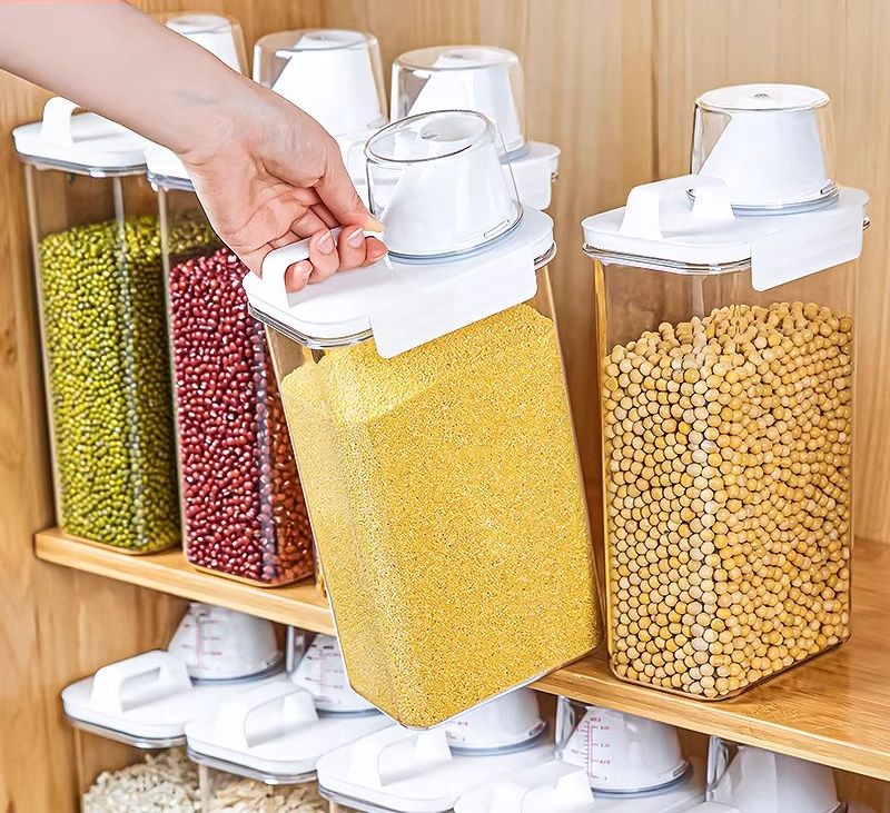 Household Large Capacity Airtight Rice Storage Bucket, Insect-Proof Moisture-Proof Sealed Grain Storage Container With Lock Lid, Multi-Size Dry Food Organizer Box For Rice, Wheat Flour, Beans, Oats, Nuts, Perfect For Kitchen Cabinet Pantry Classification Storage