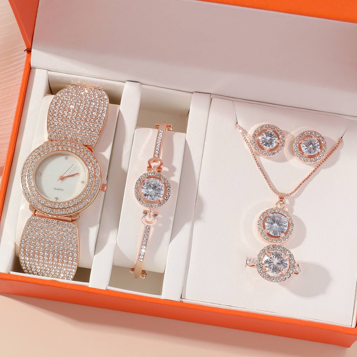 5pieces Set Ladies Wrist Watch + Bracelets+ Necklace+Earrings