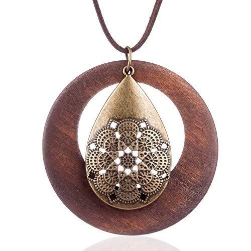 N-005 women's pendant necklace handmade jewelry long rope sweater necklace wooden ring water drop girls necklace
