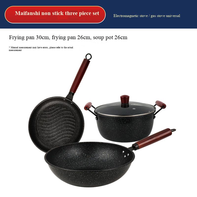 - Wooden Handle 3-Piece Cookware Set, Non-Stick Marble Coating Wok, Frying Pan and Soup Pot for Home Use