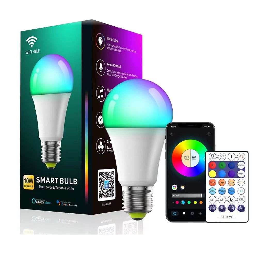 Smart Bluetooth and Wi-Fi LED Light Bulbs, Color Changing Bulb, E27 Base,10W (60W Equivalent) 900lm, High-quality WIFI + Bluetooth smart bulb
