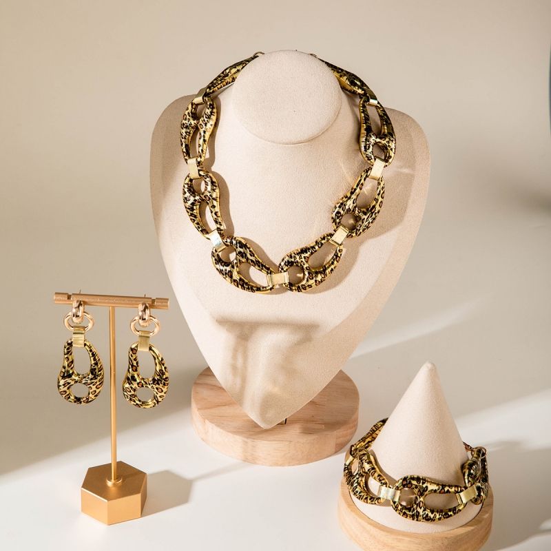 Leopard print necklace, bracelet, earrings, exaggerated jewelry set unisex 