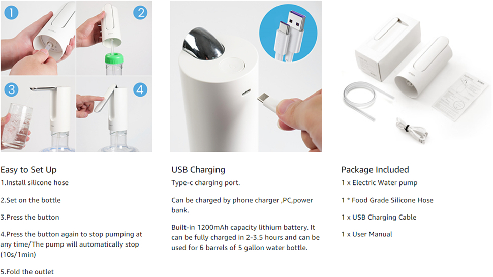 5 Gallon Water Dispenser Foldable Bottle Water Pump Dispenser Portable Electric Drinking Water Pump Automatic Water Dispenser USB Charging for Home Kitchen Office Camping