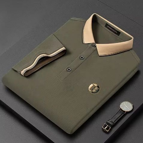 Summer Mature Contracted Short-Sleeved Men T-Shirt Lapel T-Shirt Men's Short-Sleeved High Collar Bottom Men's Shirt GREEN