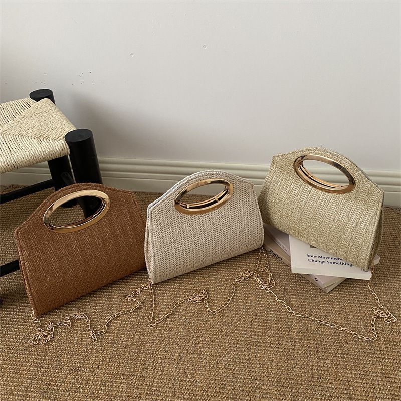 Women's 2026 New Straw Woven Clutch Bag, Elegant Evening Handbag with Gold Ring Handle, Casual Crossbody Purse with Detachable Chain, Khaki, Brown, Off-White

